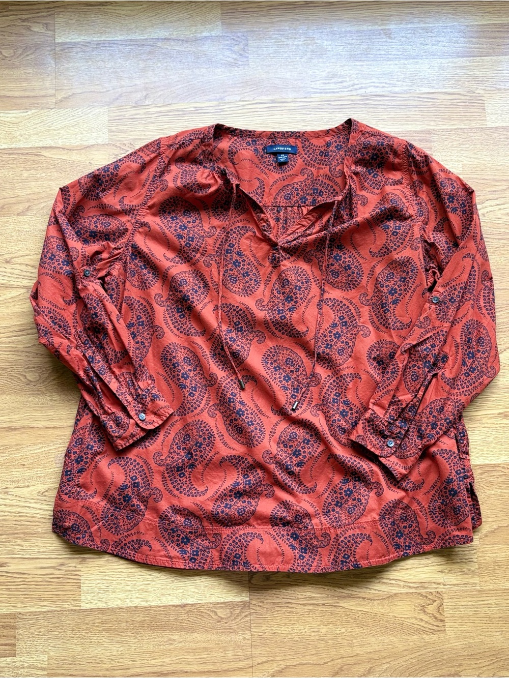 Lands End Rust Paisley V-Neck Long Roll Tab Sleeve Tunic Flowy Blouse Fall Sz 1X